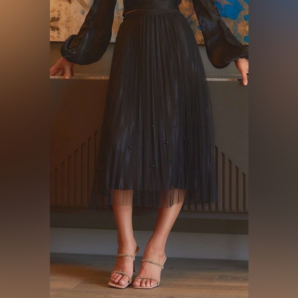 Pearl Embellished Pleated Mesh Midi Skirt